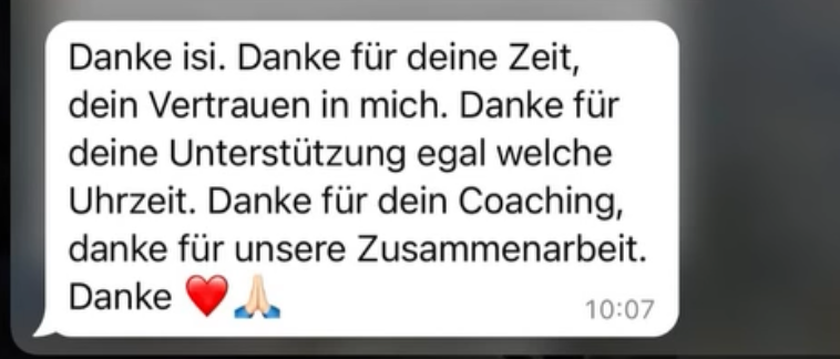 Erfolgs-Nachricht aus der Community: Dankesnachricht für Coaching und Zusammenarbeit